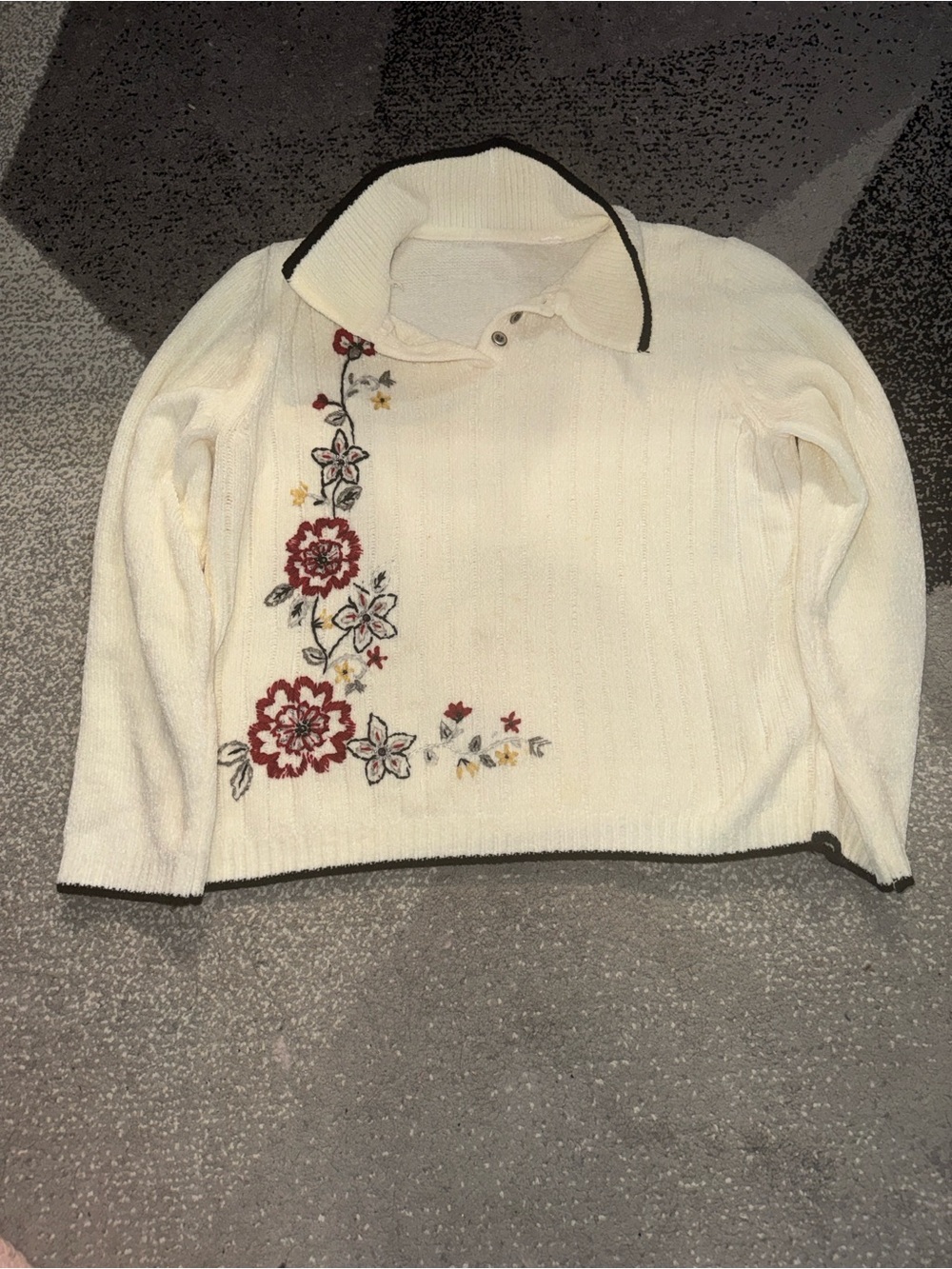 Cream Ribbed Sweater with Red Floral Embroidery
